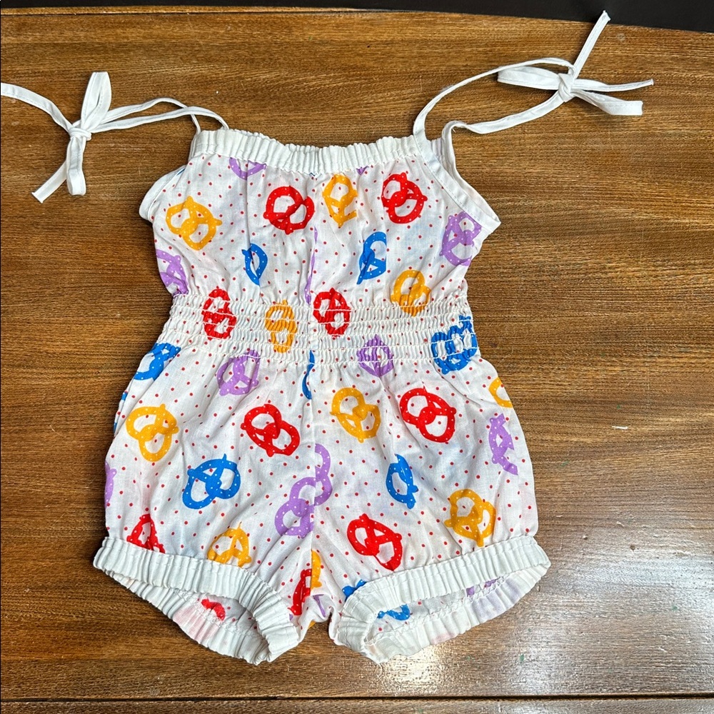 Vintage Baby Girl Romper 12M Pretzel Print Tie Shoulder Bubble Romper
